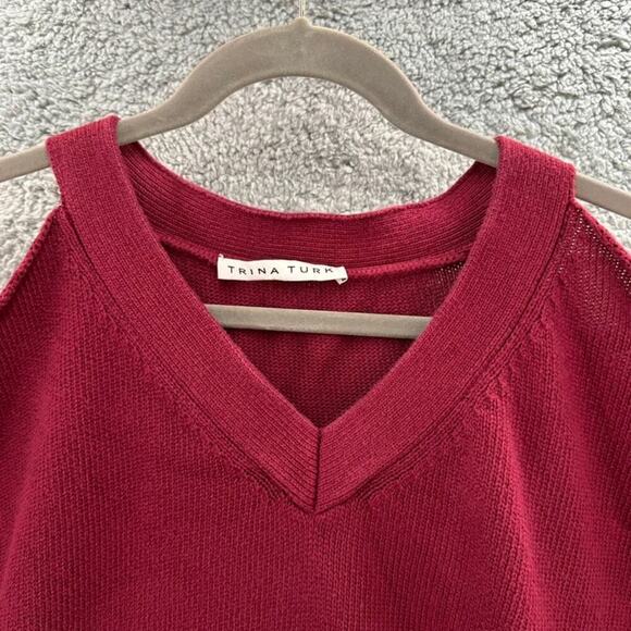 Trina‎ Turk Women's Burgundy Cold Shoulder V-Neck Sweater Short Sleeves ? Size - Picture 3 of 10